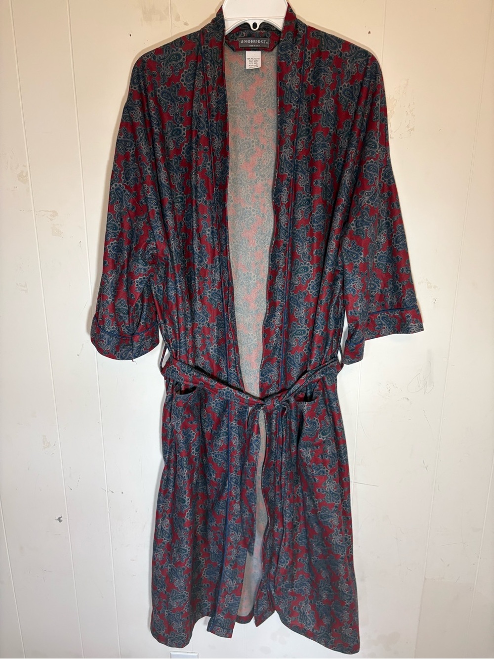 Vintage Andhurst Mens Robe One Size Fits All Paisley Red Blue Belted Made In USA